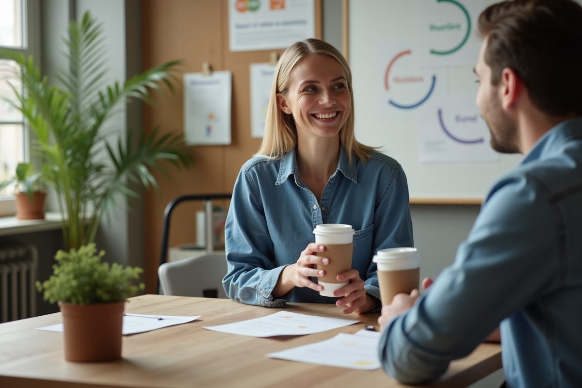 Femme en denim discutant avec un collègue dans un bureau moderne