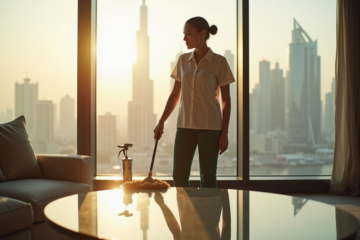 Femme de ménage dans un appartement moderne de Dubaï
