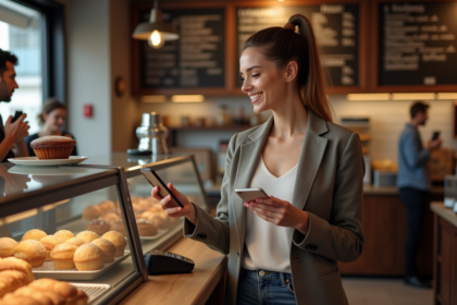 Femme payant avec son smartphone à la boulangerie