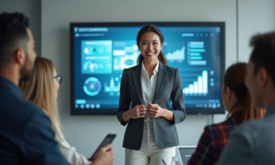 Jeune femme souriante en présentation dans un bureau moderne