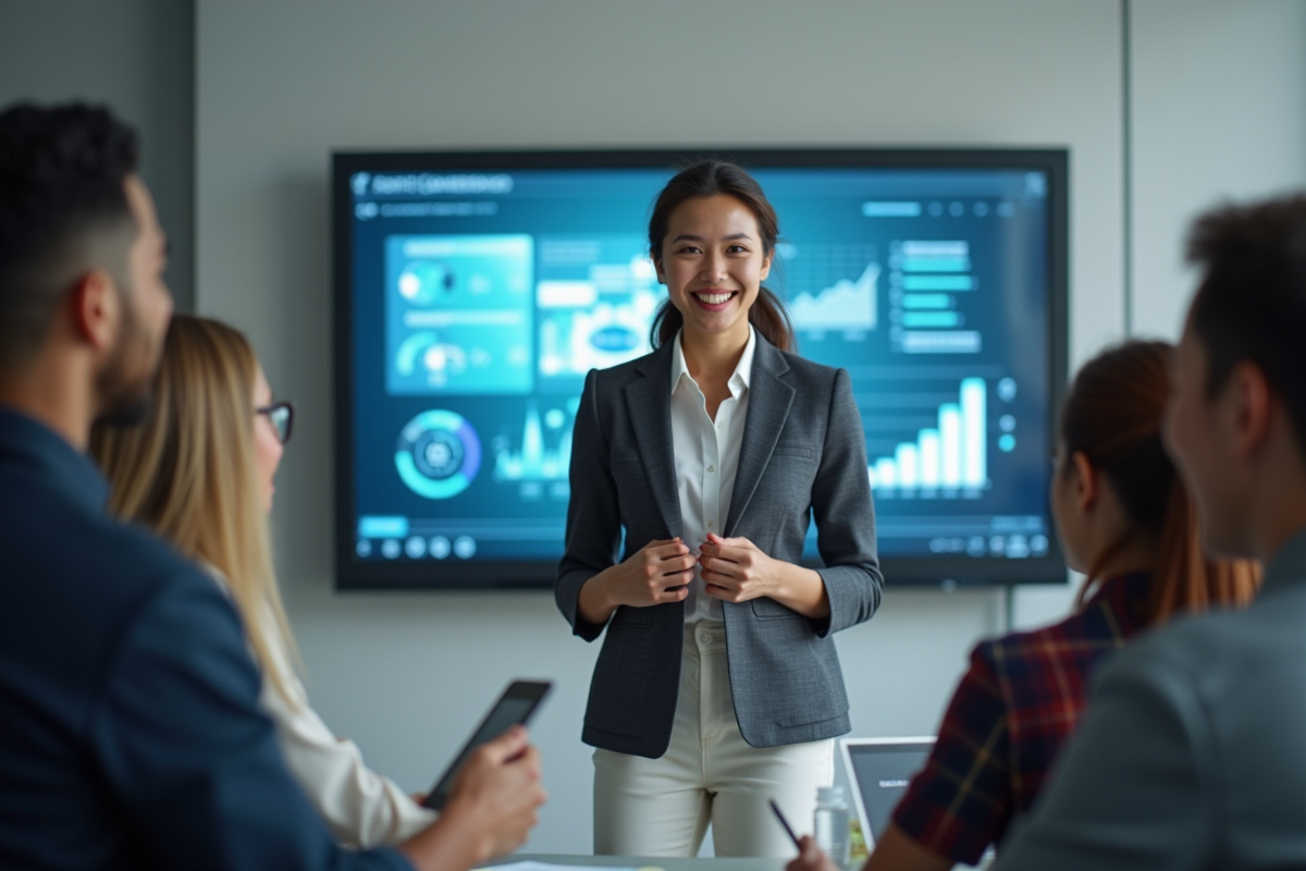 Jeune femme souriante en présentation dans un bureau moderne