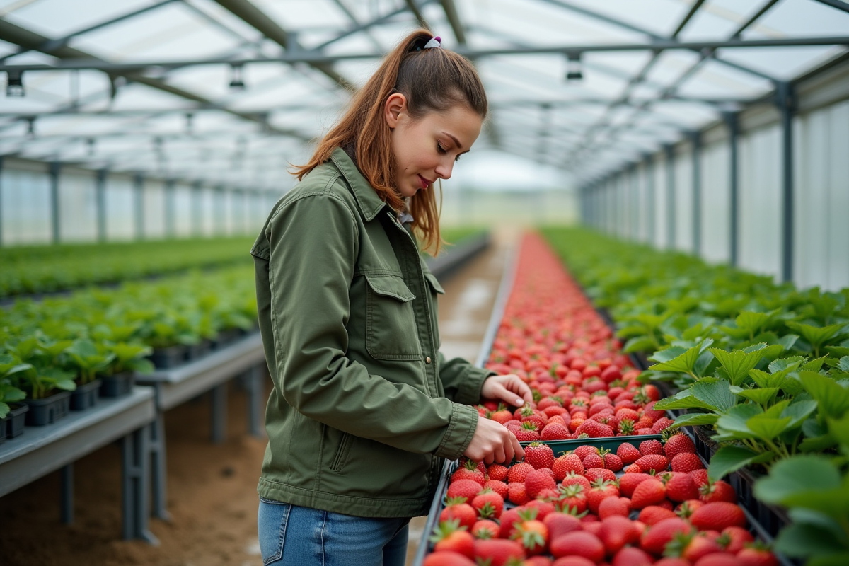 Jeune femme arrangeant des fraises dans une serre moderne