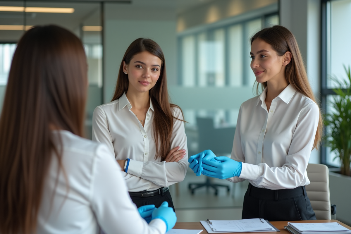 Jeune femme parle à un responsable RH avec des gants de protection