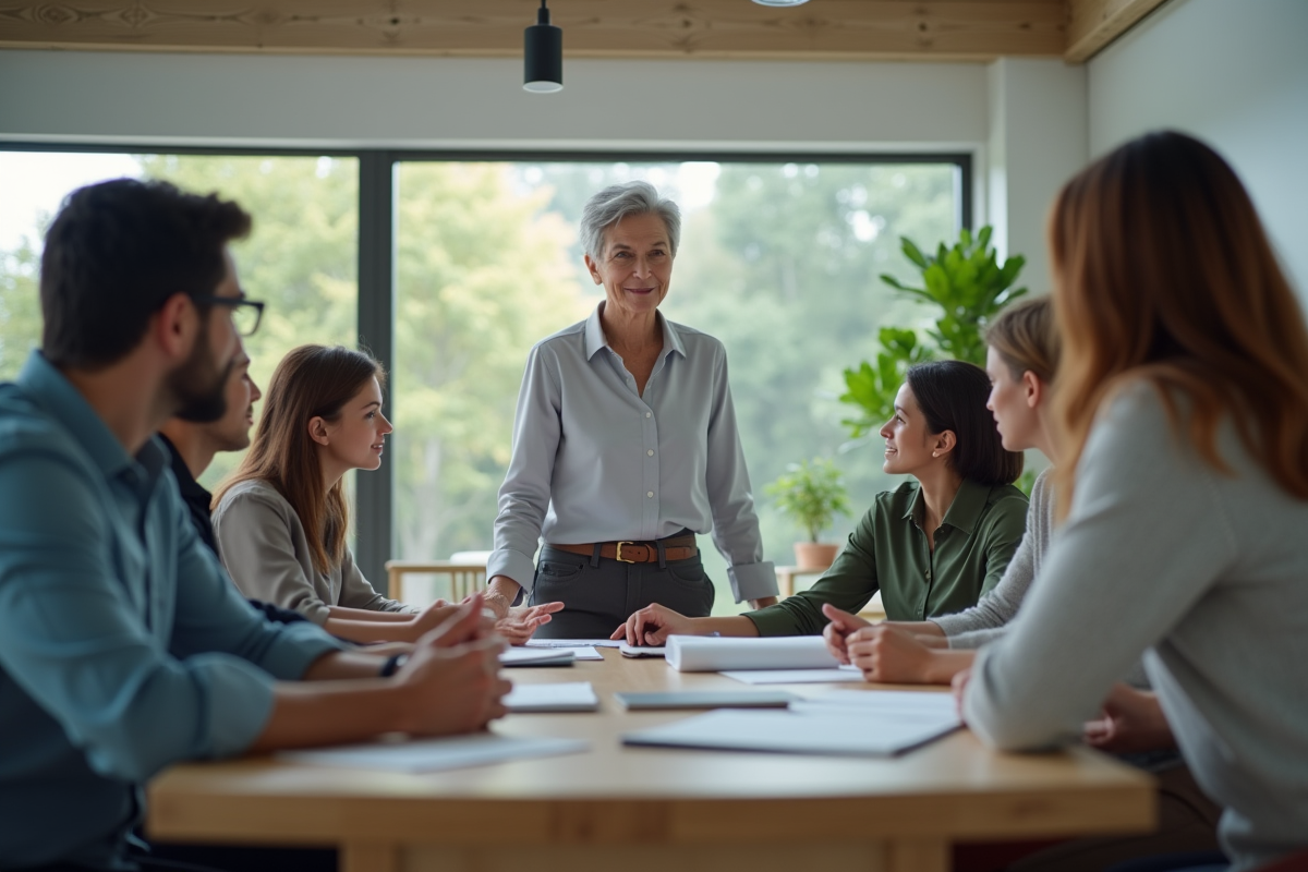 Femme senior en discussion avec équipe dans un espace de travail lumineux
