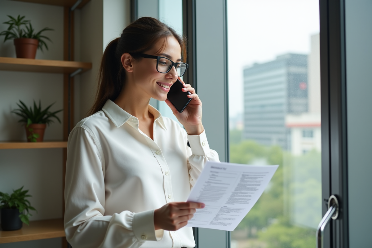 Jeune femme au téléphone dans son bureau à domicile
