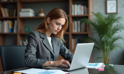 Jeune femme en tenue de bureau analyse des graphiques