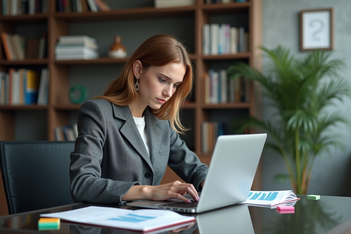 Jeune femme en tenue de bureau analyse des graphiques