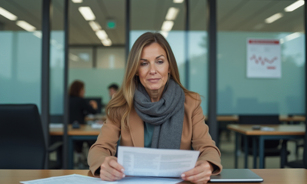 Femme d'Europe au bureau emploi examine documents