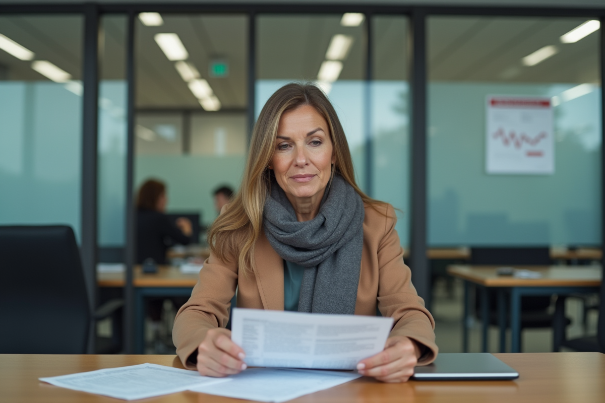 Femme d'Europe au bureau emploi examine documents