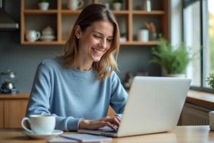 Femme souriante travaillant sur un ordinateur portable à la maison