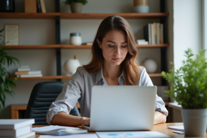 Jeune femme travaillant sur un ordinateur dans un bureau organisé