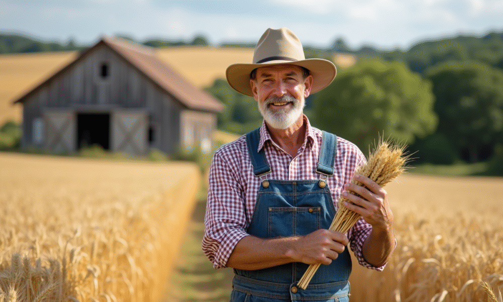 Fermeur français examine du blé mûr dans un champ doré