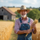 Fermeur français examine du blé mûr dans un champ doré