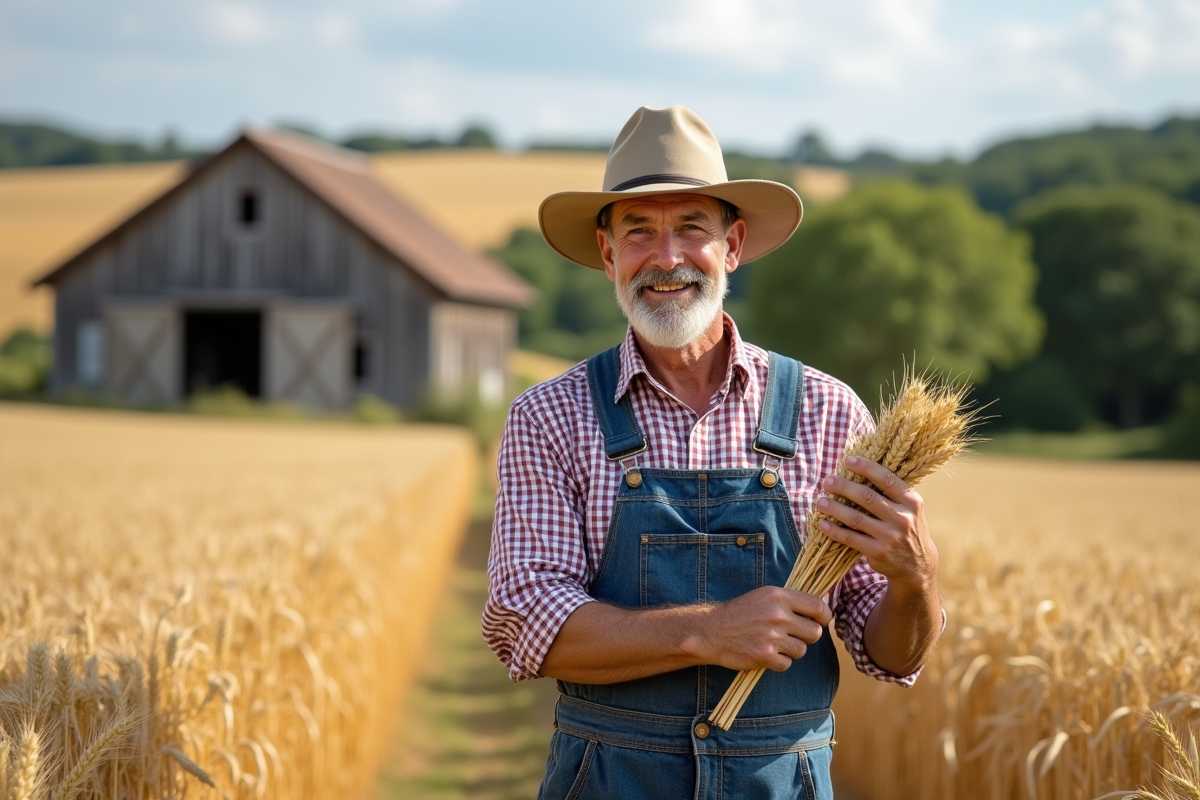 Fermeur français examine du blé mûr dans un champ doré