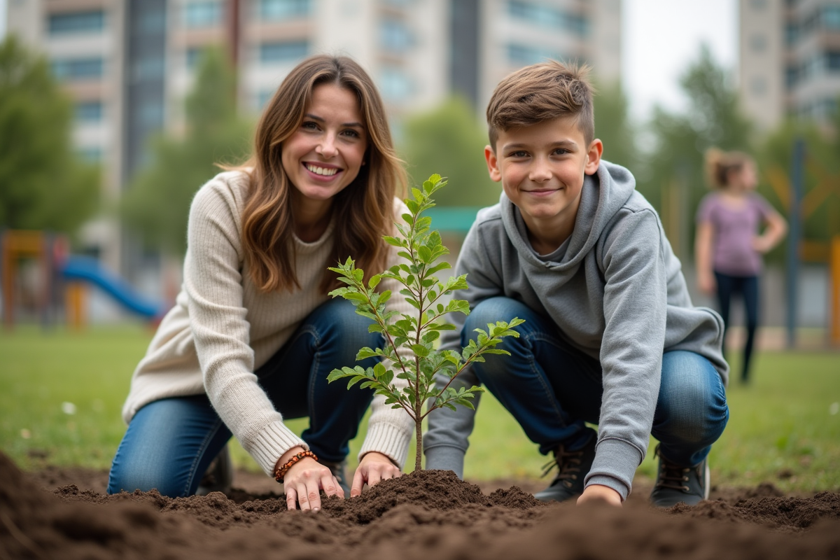 Fille et garçon plantant un arbre dans un parc urbain