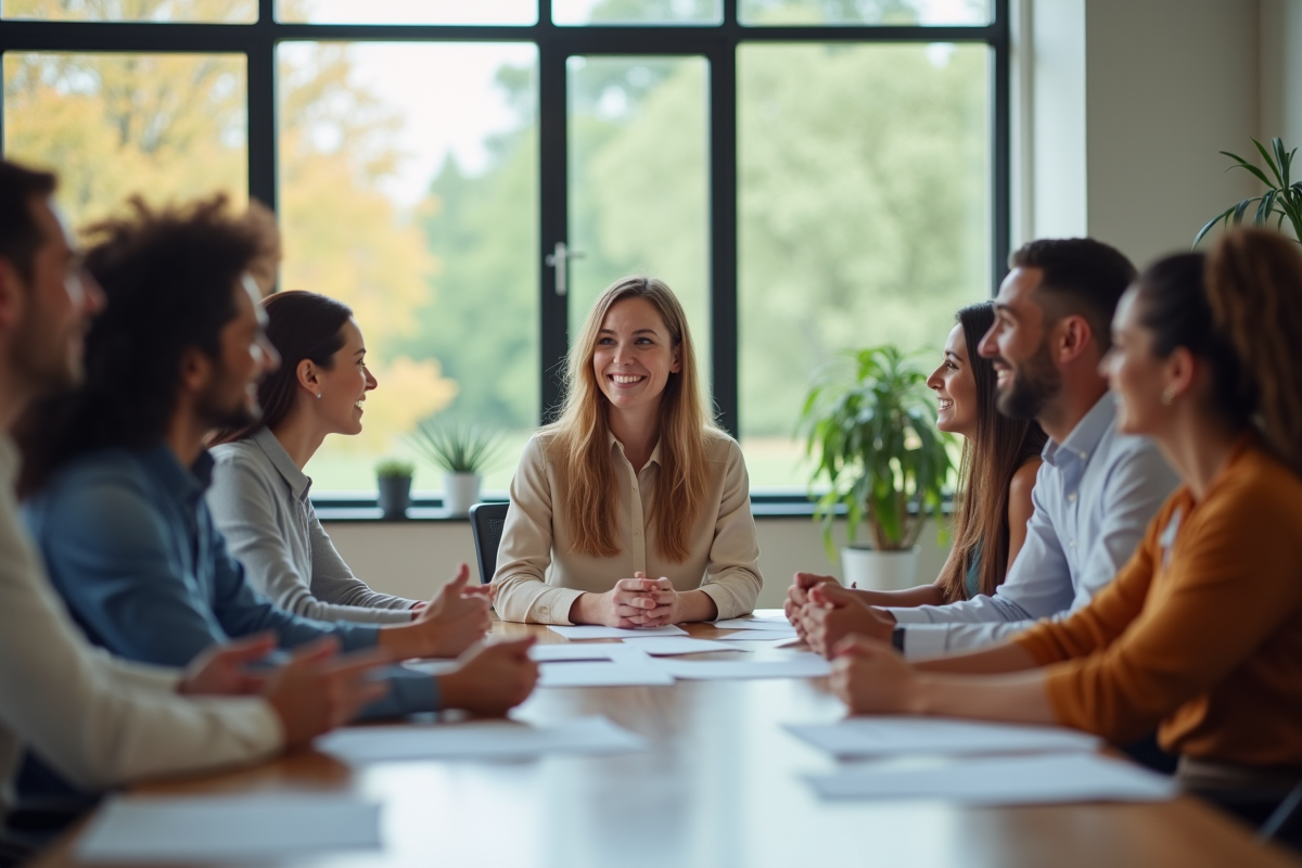 Groupe d'employes divers en reunion de bureau