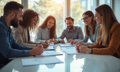 Groupe de salariés en réunion avec documents financiers