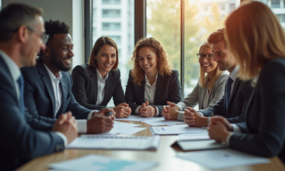 Groupe de professionnels souriants dans un bureau moderne