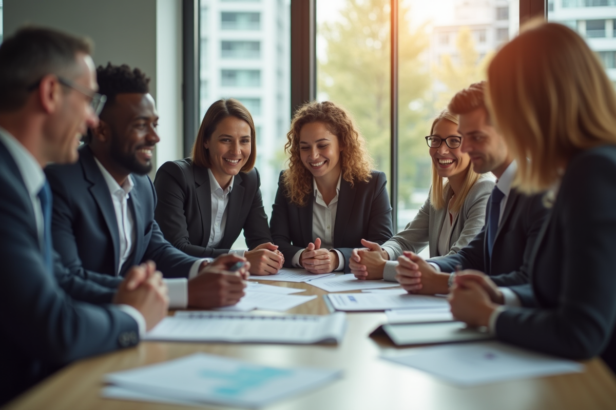 Groupe de professionnels souriants dans un bureau moderne