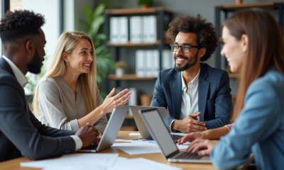 Groupe de professionnels en réunion dans un bureau lumineux