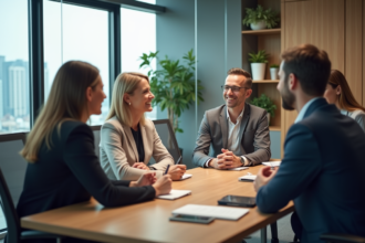 Groupe de professionnels en réunion dans un bureau moderne