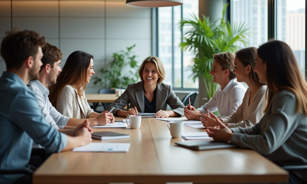 Groupe divers en réunion dans un bureau lumineux