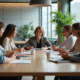 Groupe divers en réunion dans un bureau lumineux