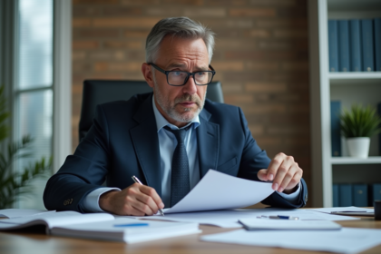 Homme d'affaires en costume bleu examine un document financier