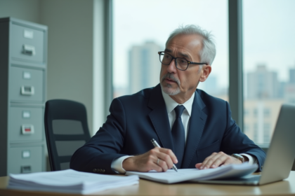Homme d'affaires en costume dans un bureau modeste