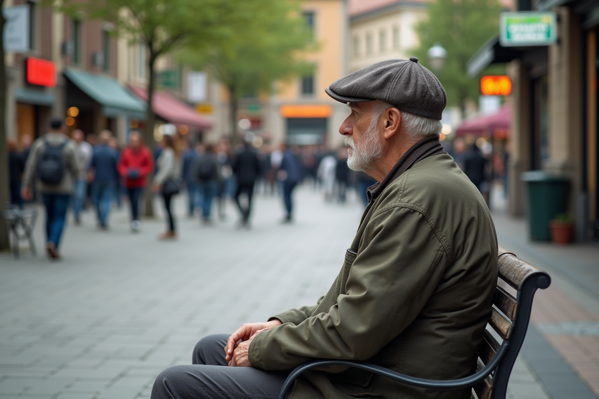 Homme âgé contemplant la place urbaine animée