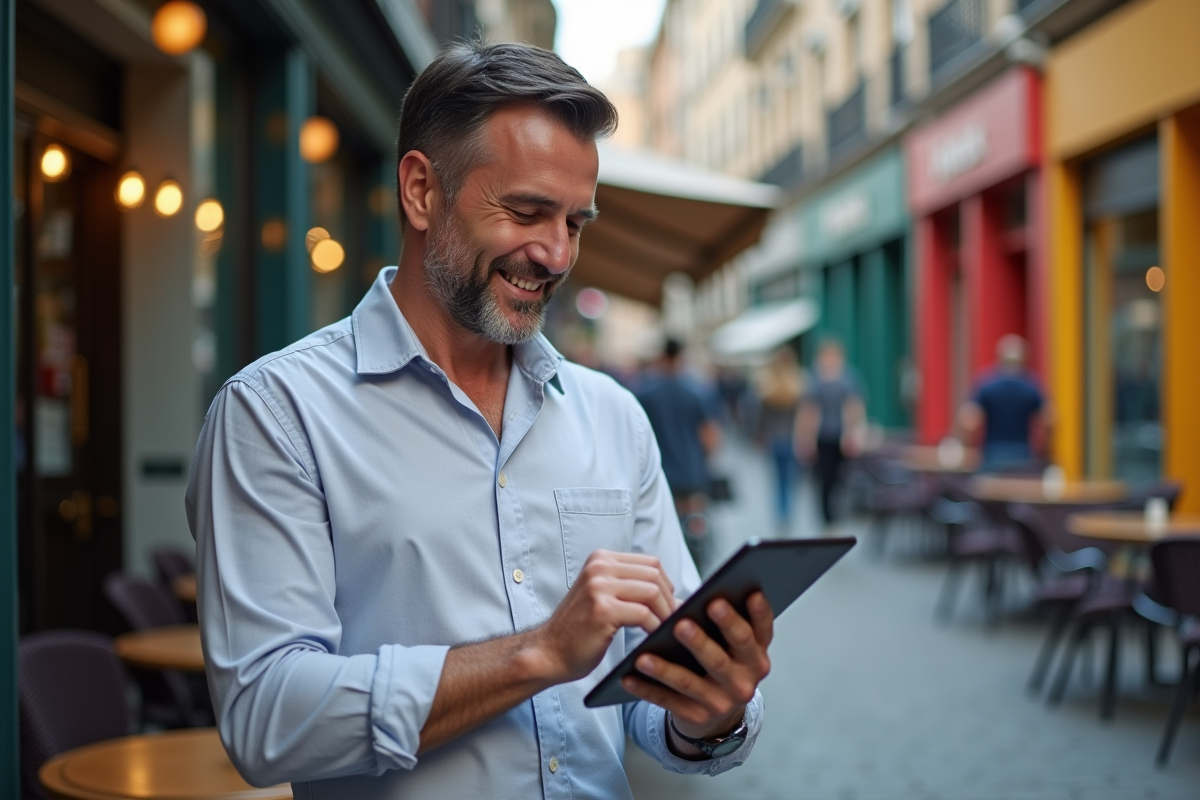 Homme d age moyen planifiant posts sur une tablette en ville