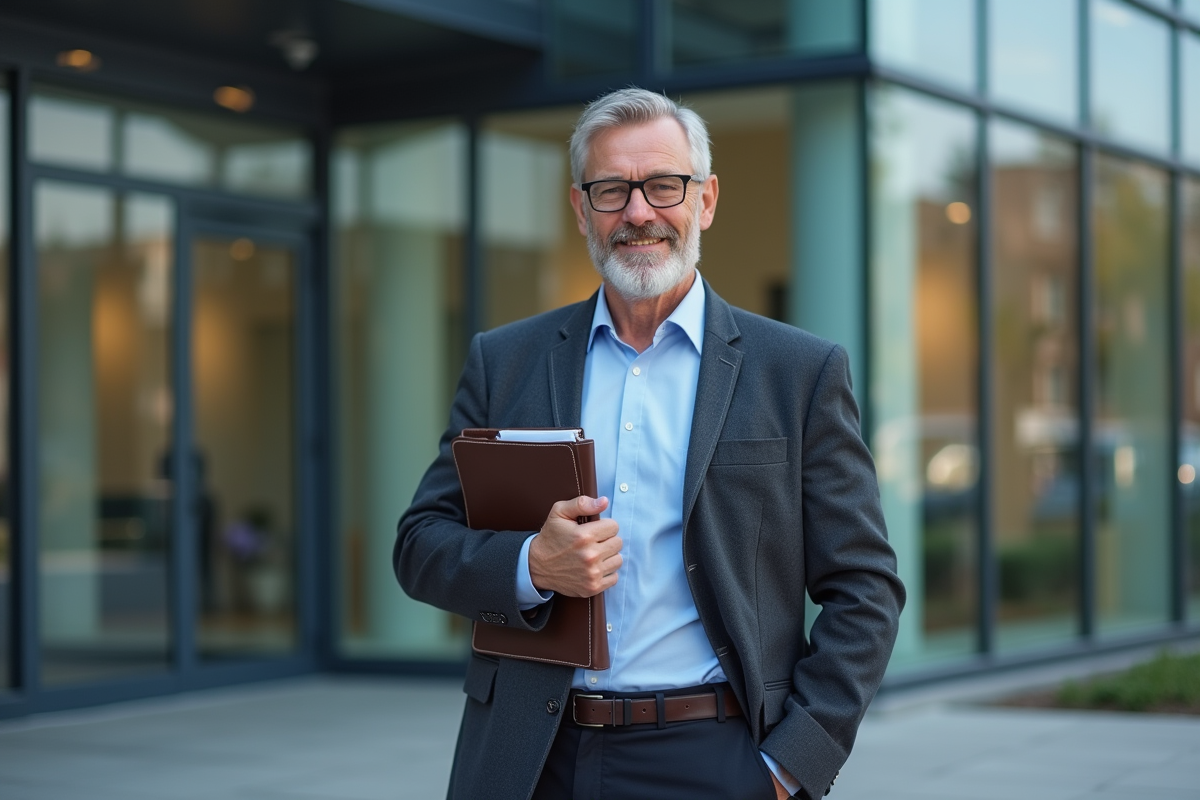 Homme confiant devant bâtiment administratif moderne