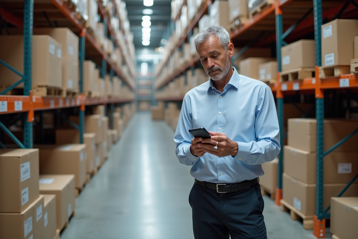 Homme en entrepôt scannant un colis avec son smartphone