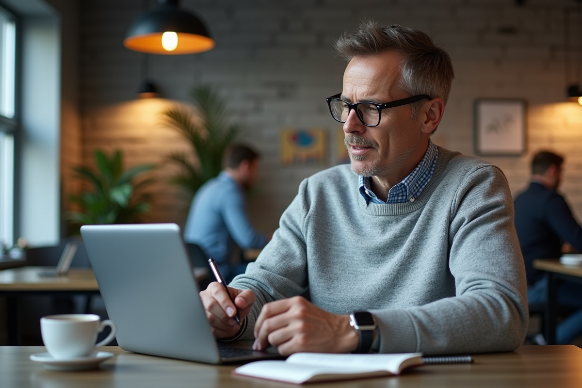 Homme prenant des notes avec une tablette dans un espace de coworking
