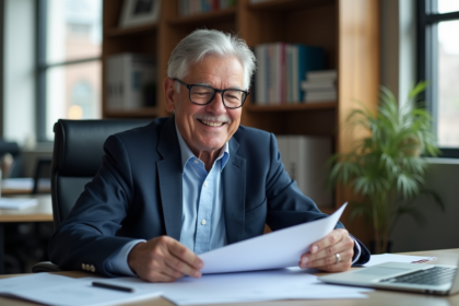 Homme senior en bureau moderne avec documents et sourire chaleureux