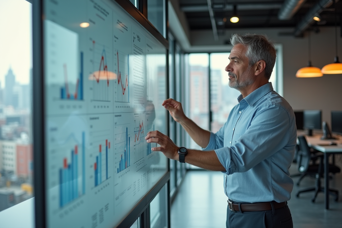 Homme en réunion expliquant des tendances de ventes en entreprise