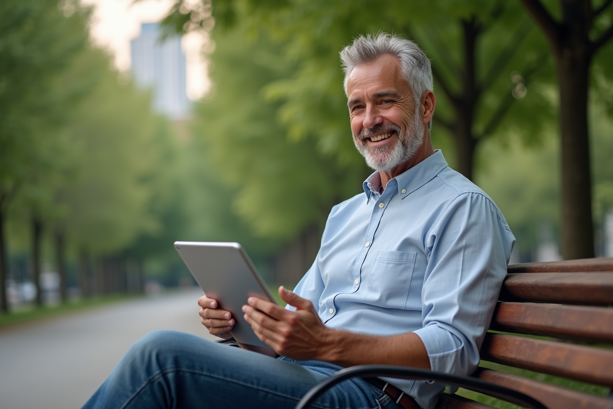 Homme en appel vidéo sur une banquette dans un parc