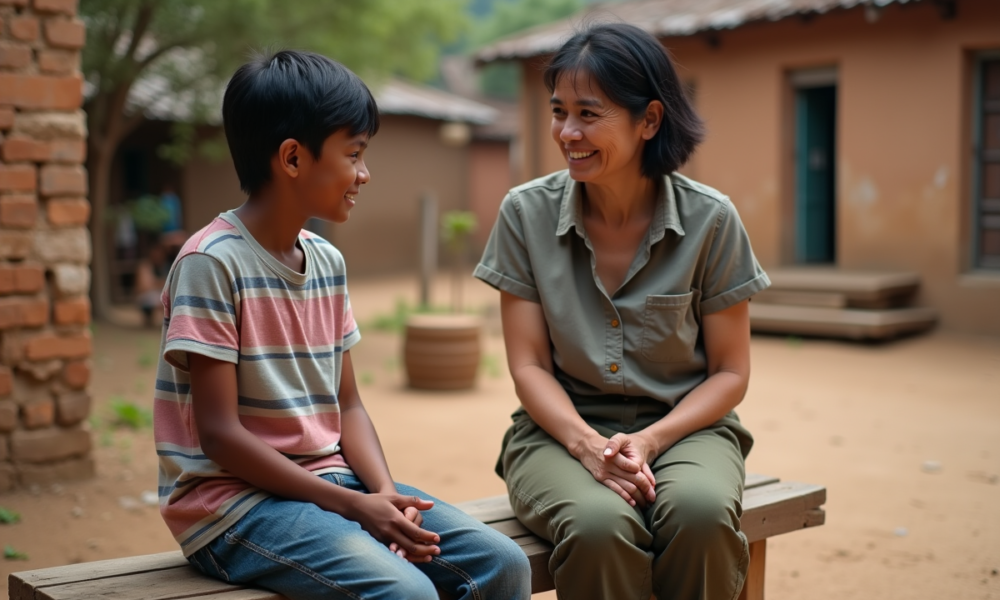 Femme humanitaire discutant avec un adolescent dans un village