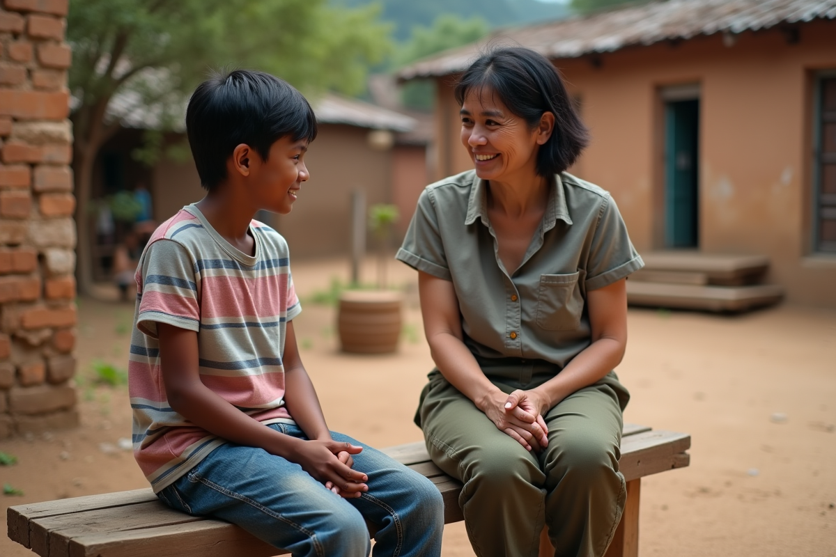 Femme humanitaire discutant avec un adolescent dans un village