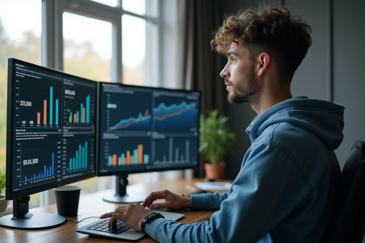 Jeune expert en technologie travaillant sur des écrans avec graphiques de salaire