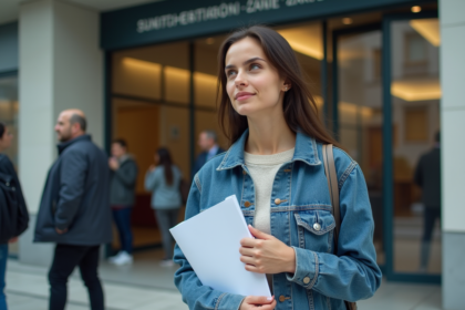 Jeune femme en denim devant un bâtiment administratif français