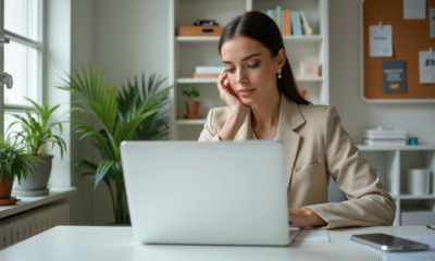 Jeune femme en bureau moderne lisant un email