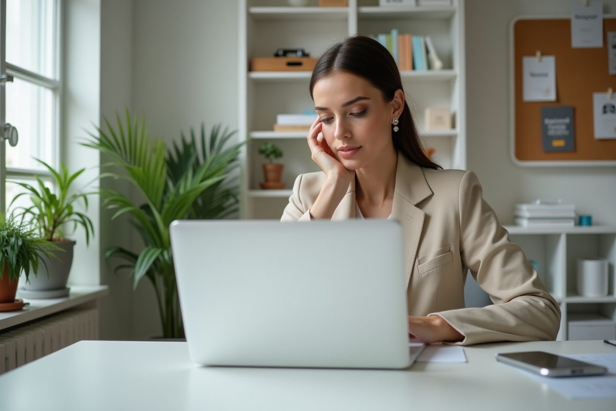 Jeune femme en bureau moderne lisant un email