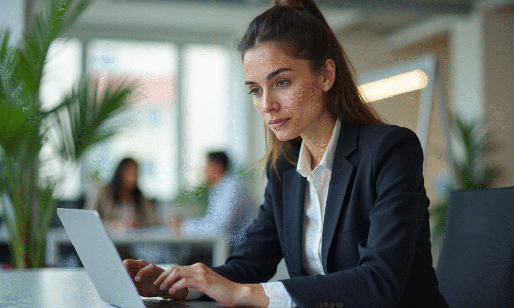 Jeune femme en blazer regardant une tablette dans un bureau lumineux