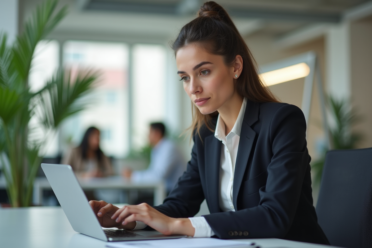 Jeune femme en blazer regardant une tablette dans un bureau lumineux