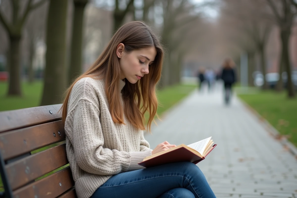 Jeune femme lisant dans un parc en plein air