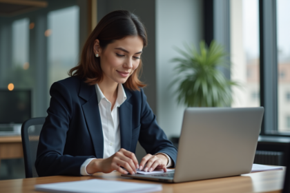 Jeune femme professionnelle arrangeant des cartes de visite dans un bureau