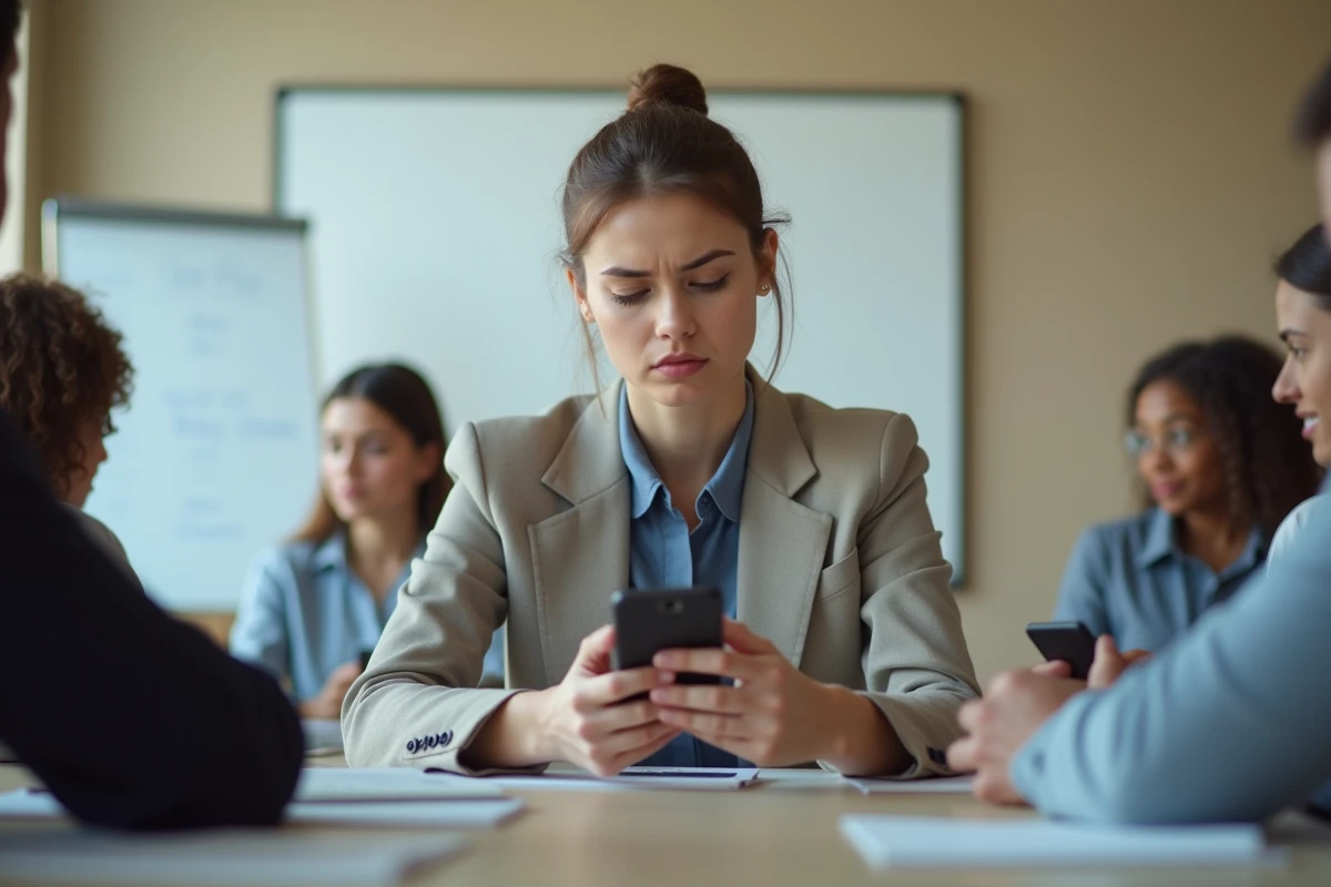 Jeune femme d affaires regarde son telephone en reunion