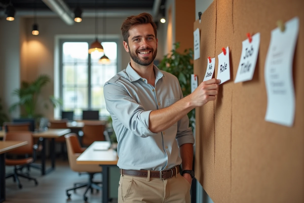 Jeune homme épinglant des étiquettes sur un tableau