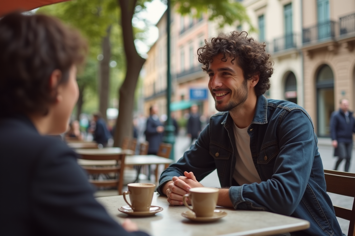 Jeune homme discutant dans un café en terrasse en ville